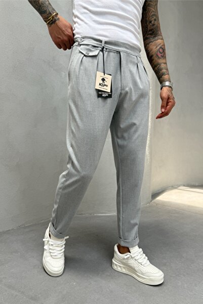 MADZEYMODA Men's Boyfriend Mold Pleated Double Leg Gray Fabric Trousers Ke-1022