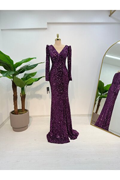 E&A Eren Abiye UZUN KOLLU KRUVAZE YAKA YIRTMAÇLI PUL PAYET BALIK ABİYE