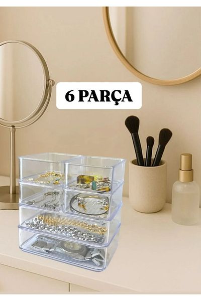 Bayev Set de 6 bucăți Leo, 3 dimensiuni, organizator transparent pentru sertar - Organizator pentru machiaj pentru bijuterii cosmetice, stivuit