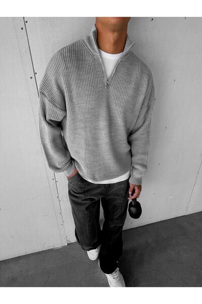 ablukaonline Gray Men's Oversize Half Zipper Sweater