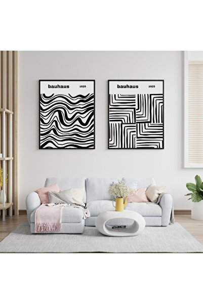PRYDESIGN Pry Design Set of 2 Bauhaus Black Lines Wall Painting with Frame Pr...