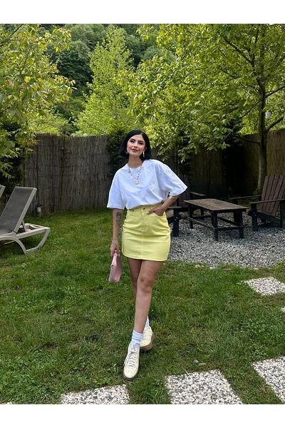 MY LİKA Yellow Pete Washed Mini Denim Skirt