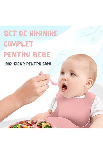 BLEKSY Set de hrănire pentru bebeluși din silicon BLEKSY®, bavetă cu ventuză, bol, farfurie cu capac, cană, lingură, furculiță, fără alergeni