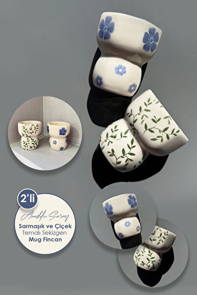 Anadolu Saray 2'li El Yapımı Seramik Sarmaşık ve Çiçek Tasarım Handmade Kupa Sekizgen Tasarım Mug Kupa Fincan 2'li