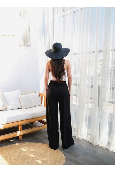 OUZ Fashion Women's Wide-Leg Linen Pants with Cross Front Elastic and Lace-Up