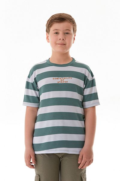 Fulla Moda Striped Text Embroidered Boy's T-Shirt