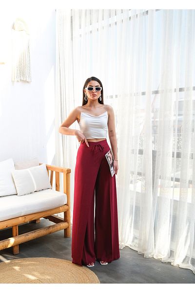 OUZ Fashion Women's Wide-Leg Linen Pants with Cross Front Elastic and Lace-Up