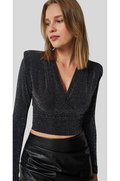 Lotus Double Breasted Collar Silvery Short Bluz