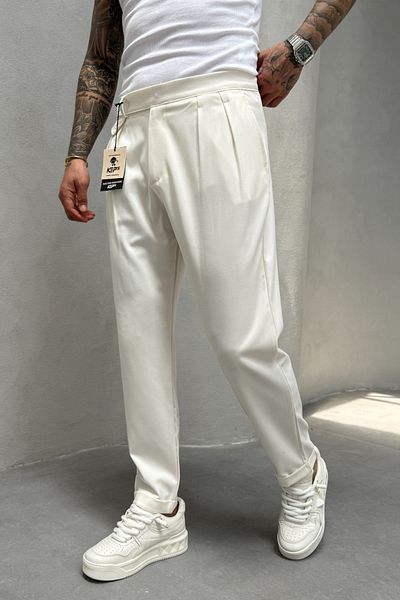 MADZEYMODA Ανδρικό παντελόνι Boyfriend Mold Πλισέ Διπλό Λευκό Υφασμάτινο Παντελόνι KE-1034