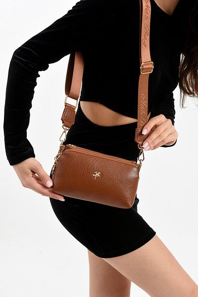 Getcho Prato Women's Tan Small Crossbody Bag Multi-Eye Zipper Daily Stylish Adjustable Strap Model