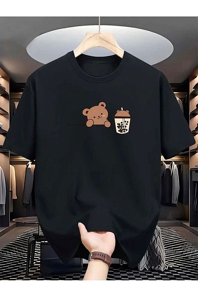 VBSVİBES Bear Bubble Tea Printed Oversize Single Jersey T-Shirt