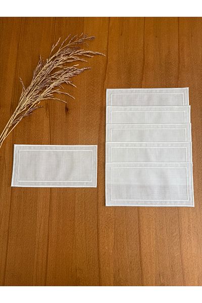 Smiling Home 6 Pieces Ecru Color Linen Double Row Ecru Color Embroidered Rectangular Tray Cover