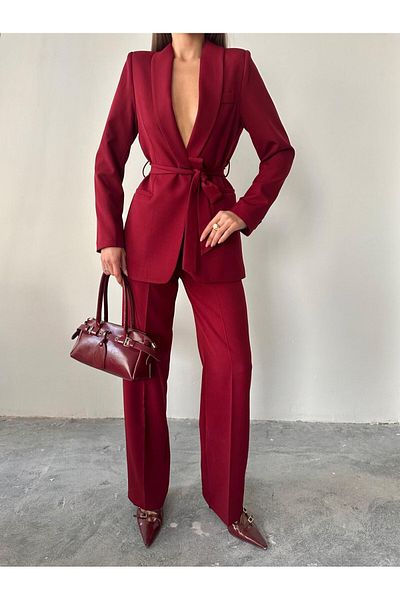 BUTİK ELAJ Women's Burgundy Belted Suit