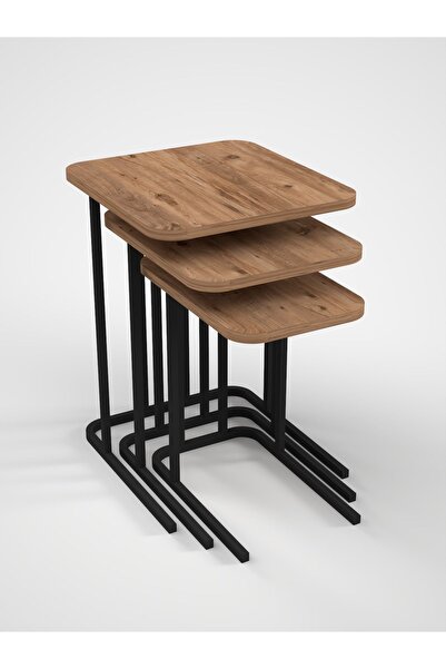 İZMİR ALİNDA MOBİLYA METAL AYAKLI C MODEL 3’LÜ ZİGON SEHPA ATLANTİK ÇAM RENGİ