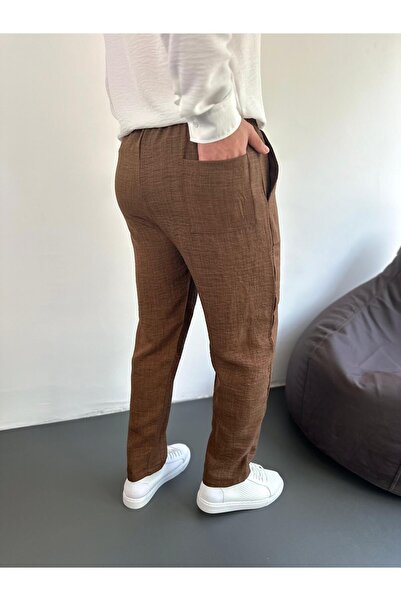 tiggirmoda Καφέ άνετο λινό παντελόνι με εμφάνιση