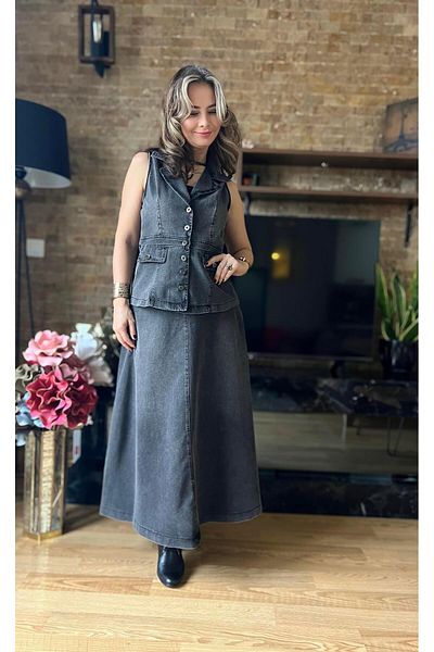 Cardella Premium Quality Denim Vest Skirt Double Suit Hijab Matching Jeans Vest Suit Skirt Suit