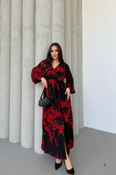 mezqa Γυναικείο φόρεμα με κόκκινο σχέδιο κλαδιών, ελαστική μέση, μακρύ σκίσιμ...