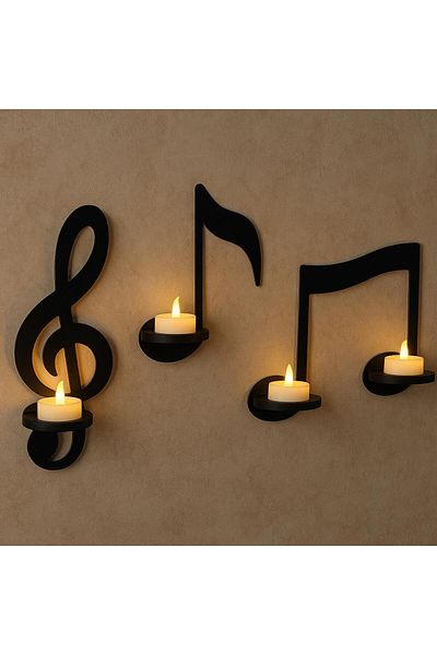 CajuArt Black Wooden Notes 3 Piece Led Candle Wall Decor Decorative Painting