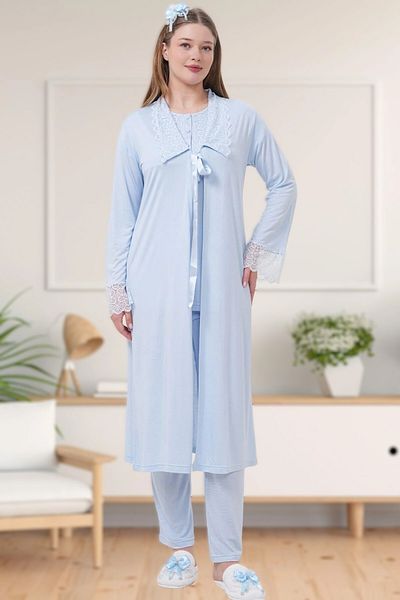 Pelin Set de pijamale de maternitate pentru femei, albastru, lung, cu detaliu din dantelă