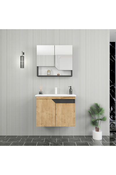 ARNETTİ Divino Alvis 80 Cm Lavabolu Banyo Dolabı – Safirmeşe Kapaklı, Antrasit Gövdeli Takım