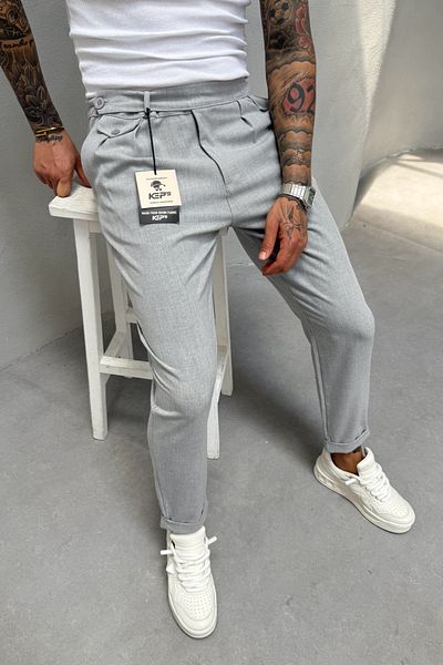 MADZEYMODA Ανδρικό παντελόνι Boyfriend Mold Πλισέ διπλό πόδι γκρι υφασμάτινο παντελόνι KE-1022