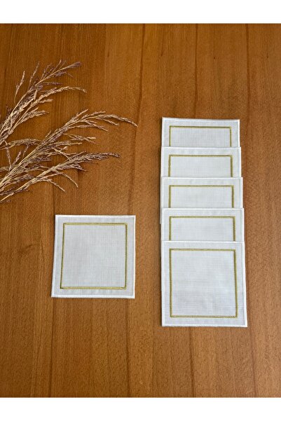 Smiling Home 6 komada platnenih salveta u boji ekru, dvostruko vezenih, zlatn...