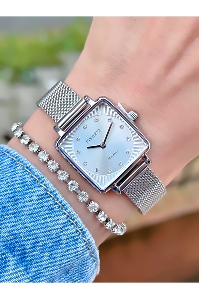 Ferrucci ÇELİK KORDON HASIR KARE KASA KADIN KOL SAATİ 3 ATM SU GEÇİRMEZ 2 YIL MEKANİZMA GARANTİLİ