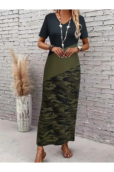 modaserdem Rochie de damă cu mânecă scurtă, cu decolteu, multicolor, maxi viscoză