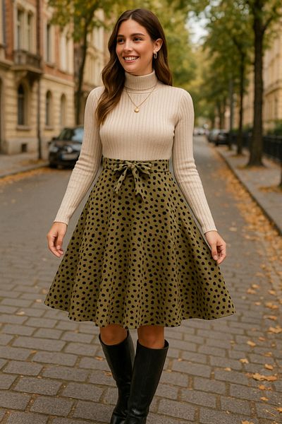 modaserdem Femei cu mânecă lungă cu gât roșu Top cu cravată în talie Fusta camisole Rochie de scafandru