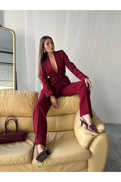 BUTİK ELAJ Women's Burgundy Belted Suit
