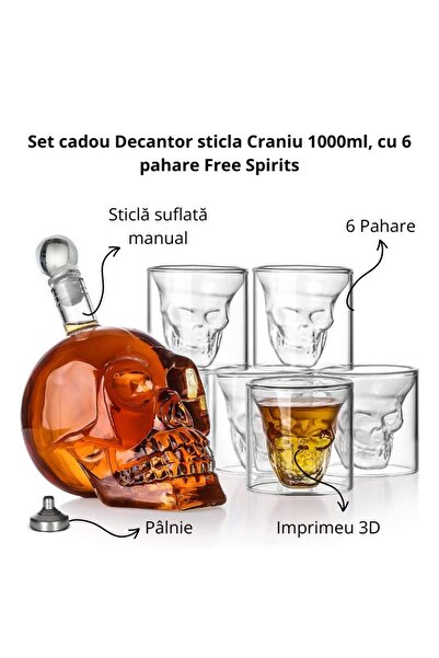OEM Decanter set, Skull design, 6 skull shaped glasses, 75ml, accessories included, funnel, 1 L