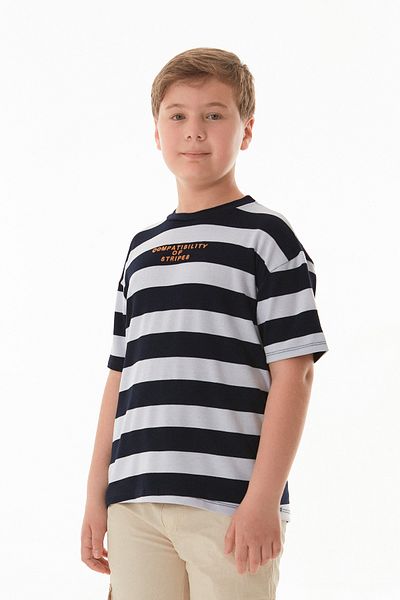 Fulla Moda Striped Text Embroidered Boy's T-Shirt