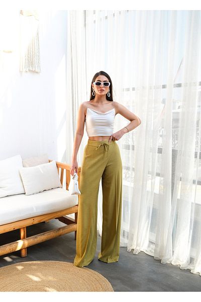 OUZ Fashion Women's Wide-Leg Linen Pants with Cross Front Elastic and Lace-Up