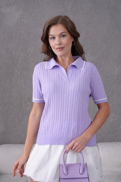 Arbucky Women's Polo Neck Hair Braided Short Sleeve Slim Knitwear Sweater