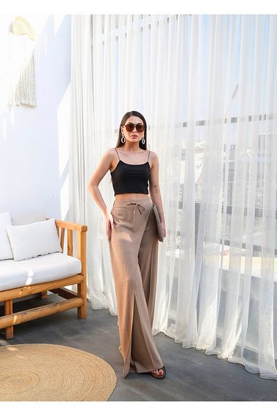 OUZ Fashion Women's Wide-Leg Linen Pants with Cross Front Elastic and Lace-Up