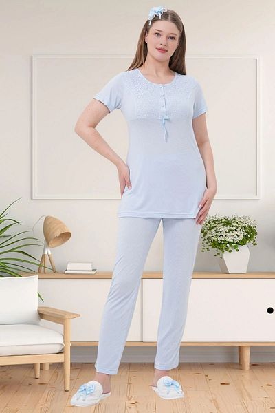 LOHOUSE Set de pijamale de maternitate pentru femei, cu design albastru din dantela, 3 piese, cu halat lung
