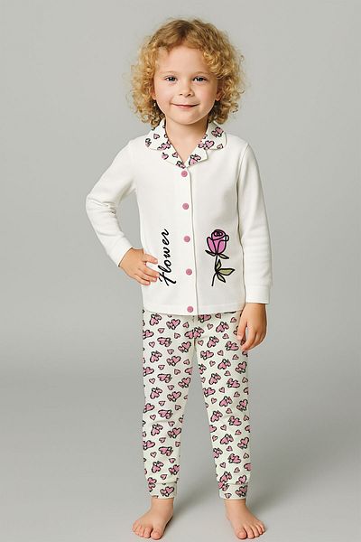 peki baby&kids Well Girl's Interlock Βαμβακερή Καρδιά με μοτίβο λουλουδιών με κουμπιά μπροστά Σετ πιτζάμες 18916