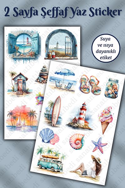 sanatıbedi 2 Sheets Transparent Watercolor Style Summer Holiday Sticker - Agenda Phone Laptop Sticker Set