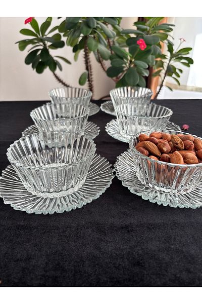 DİBA AVM 12 Pieces of 6-Person Glass Snack Bowl Pudding Dessert Bowl Tea Plate Treat Serving Bowl