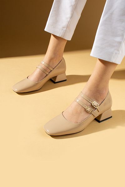 Pembe Potin Women's Mary Jane Nut Patent Leather Square Toe Double Helmet Heeled Shoes