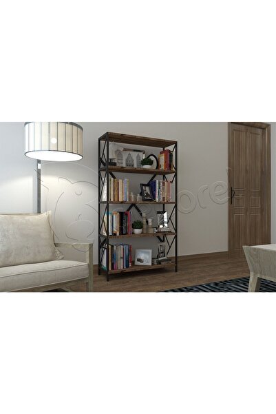 Morpanya Aural Dekoratif 5 Raflı Kitaplık Geniş Metal Kitaplık Dosya Rafı Ofis Salon Raf 90x180cm Ceviz