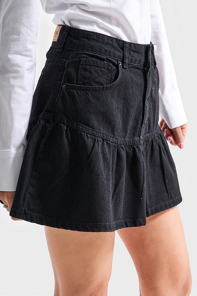 its basic Women's Black Color 1S5-1 Flounce Super Mini 100% Cotton Denim Skirt