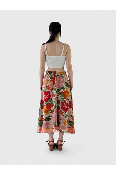 Retrobird Fusta lungă cu căptușeală evazată din șifon floral Valerie pentru femei, crem