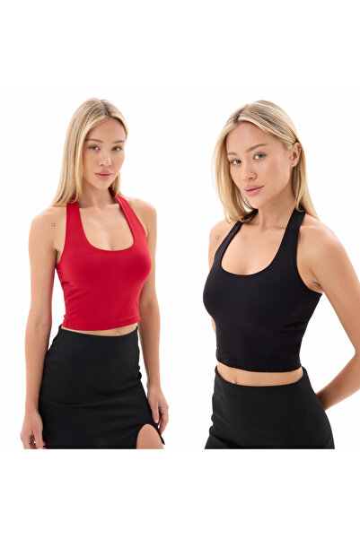 vesantia 2 Piece Black Red Halter Crop