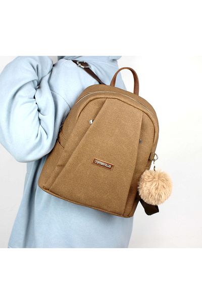 deri,se club Tan Women's Luxury Multi-Compartment Backpack with Pompom Plush Gift