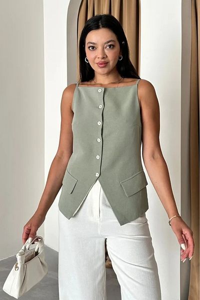 Laluvia Çağla 100% Cotton Thin Strap Vest with Pocket and Button Detail - 7253
