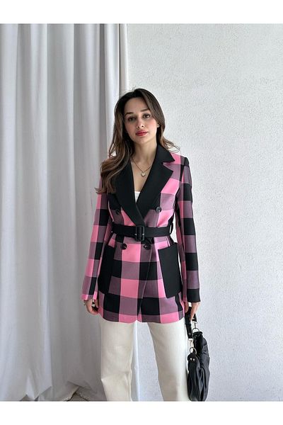 BUTİK ELAJ Women's Pink Plaid Belted Blazer Jacket