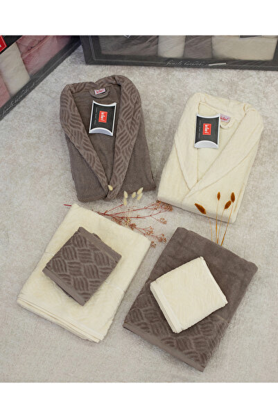 Brillant 6 Parça Ekru - VizonKahve Aile Bornoz Seti