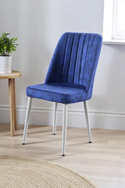 MYMASSA Vento Sandalye - Milas Mavi Kumaş - Metal Beyaz Ayak - Mutfak Sandaly...