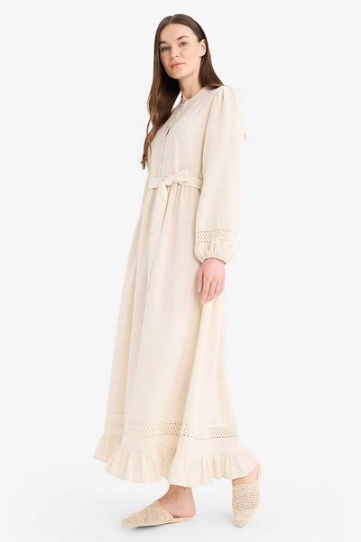 DeFacto New Season Regular Fit Judge Collar Belted Linen Blended Long Sleeve Hijab Dress